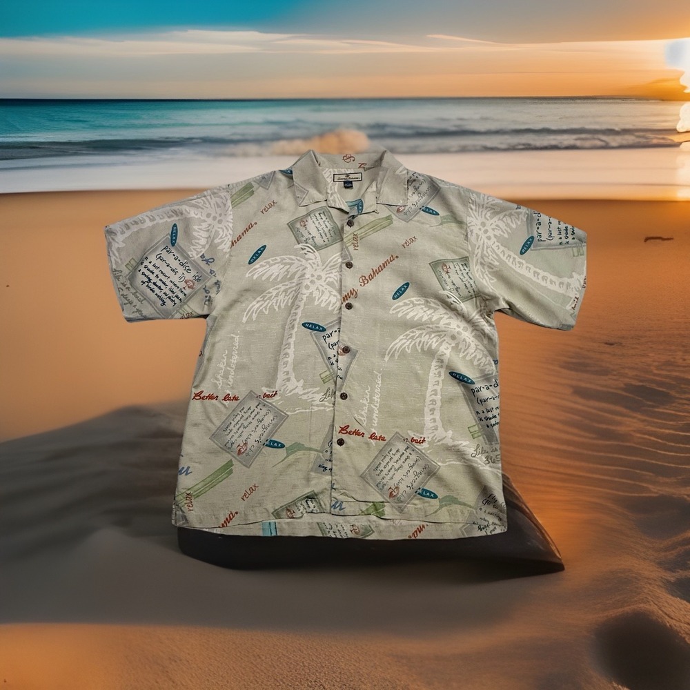 Tommy‎ Bahama Shirt Size Large Men's 100% silk button Floral Palm Hawaiian Shirt